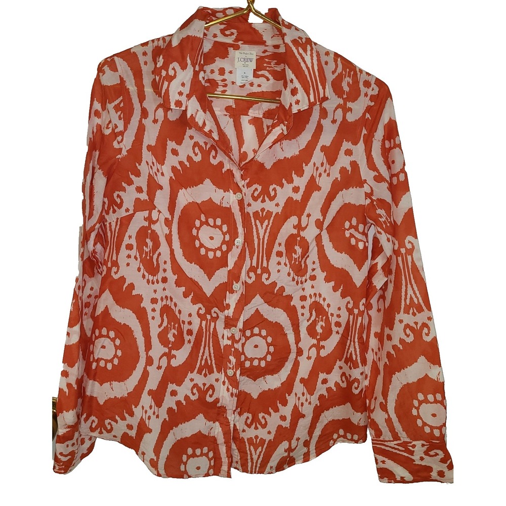J.Crew‎ Perfect Shirt Womens Sm Orange White Ikat Print Cotton Silk Button Front